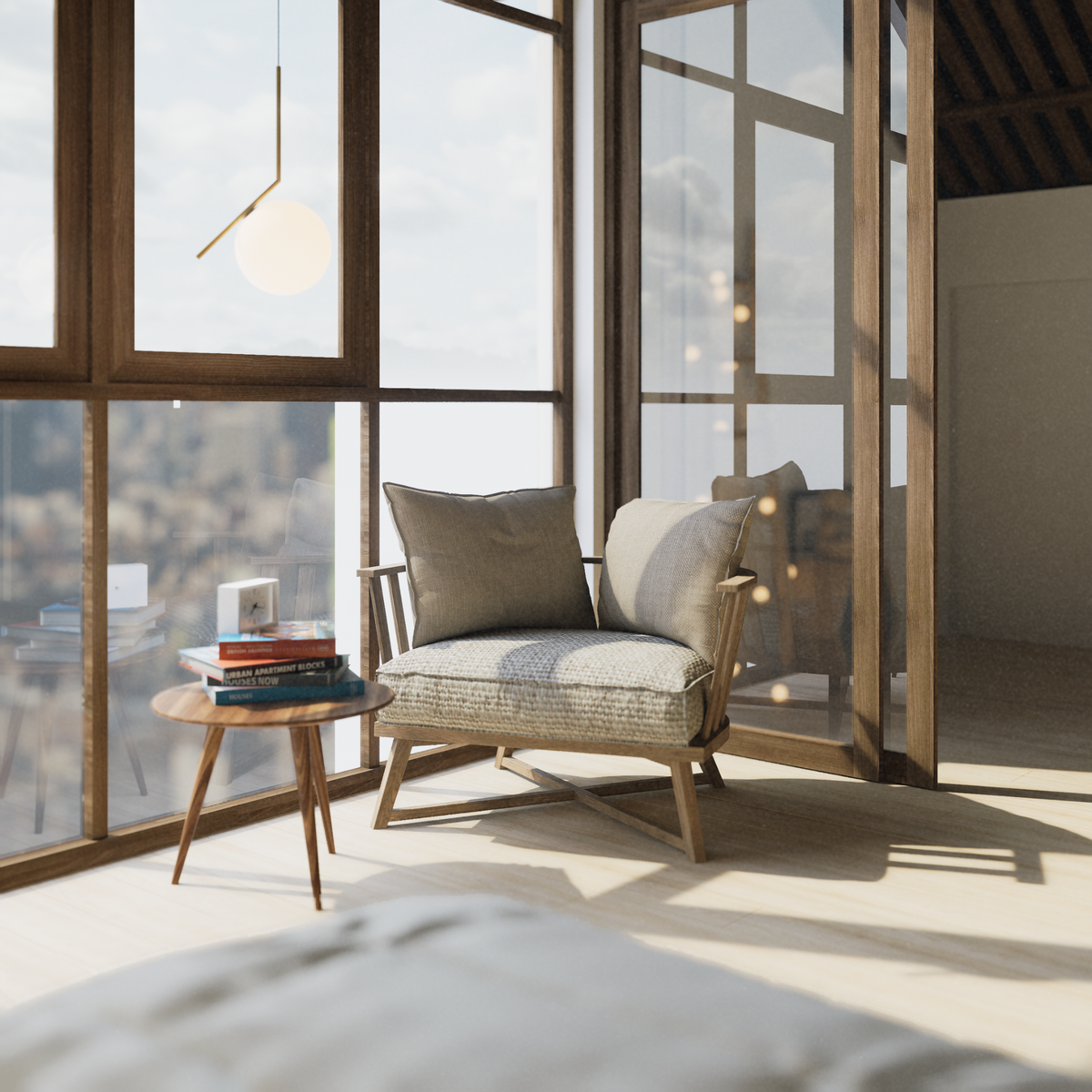Pièce lumineuse avec chaise, table en bois et grandes fenêtres vitrées