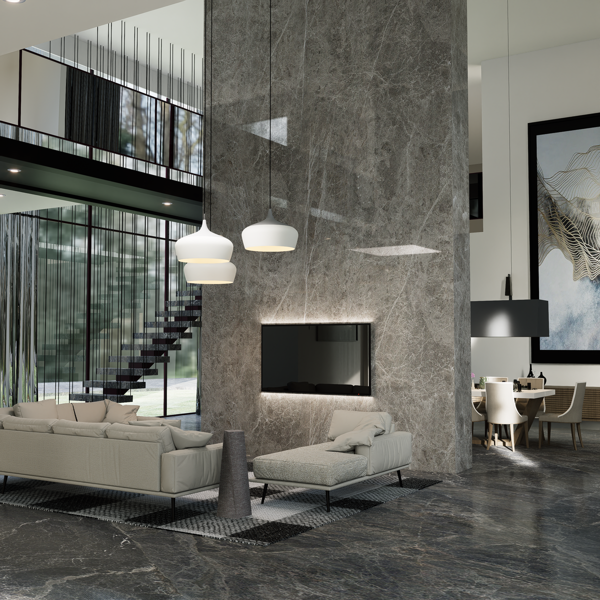 Séjour contemporain lumineux avec grande baie vitrée à profilés fins et mobilier design