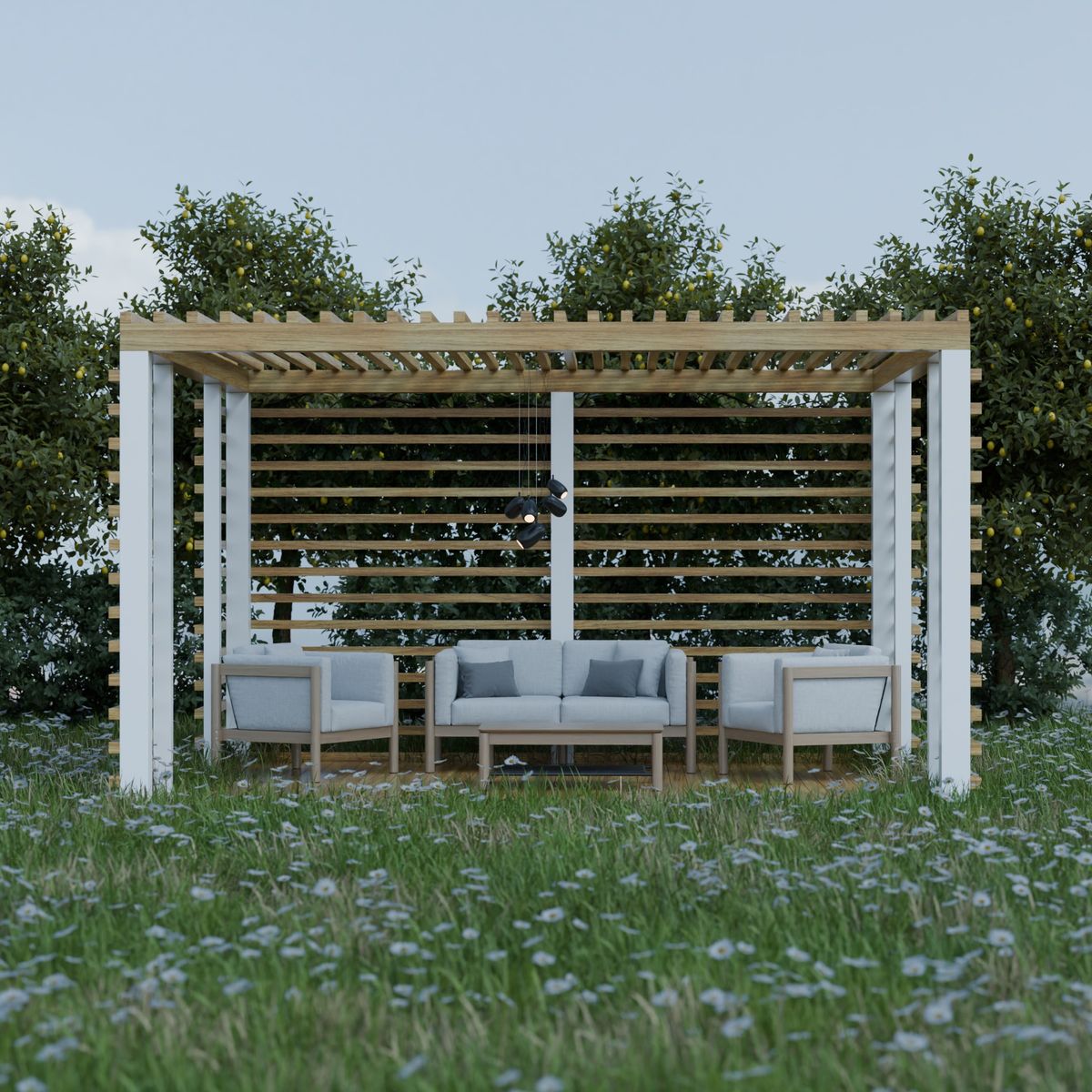 Pergola extérieure avec salon de jardin nichée dans une végétation luxuriante