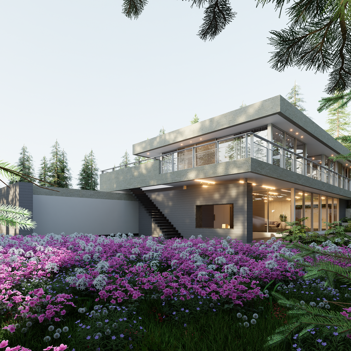 Villa moderne avec terrasse couverte prolongeant l'espace de vie vers un jardin fleuri