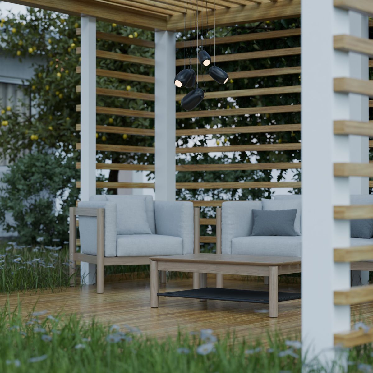 Pergola en bois abritant une terrasse extérieure aménagée avec mobilier et guirlandes lumineuses