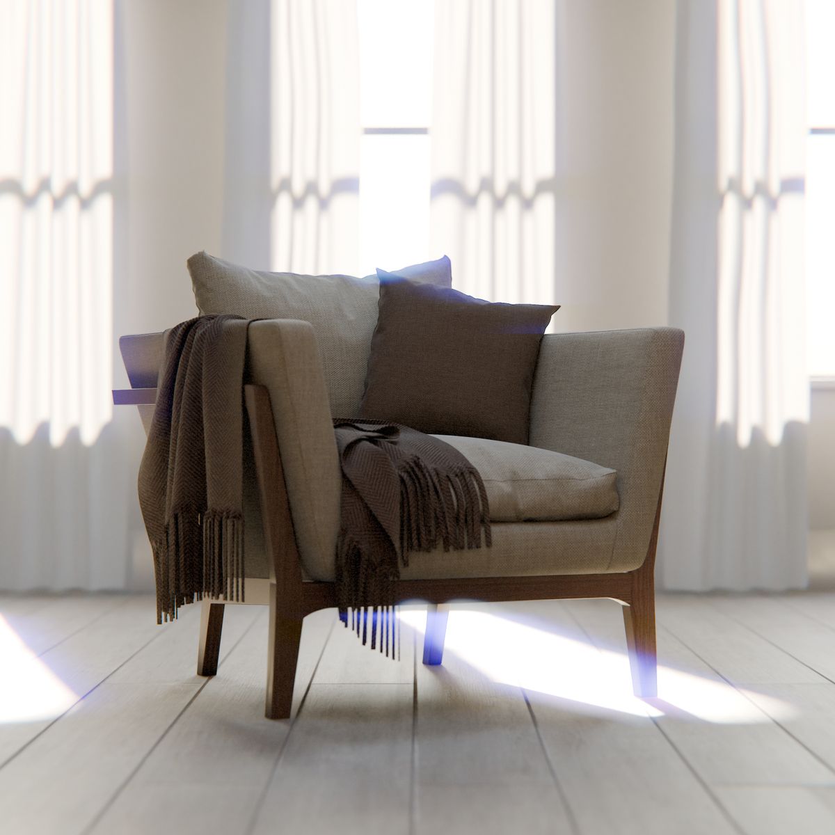 Fauteuil et coussins dans un salon moderne baigné de lumière solaire par une fenêtre